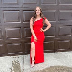 Red off the should maxi evening dress